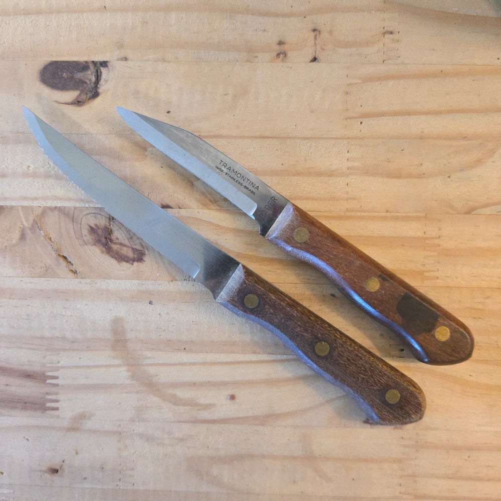 VTG Tramontina Knife Set Paring Steak 8.5 & 7" Brown Wood Handle Serrated Brazil